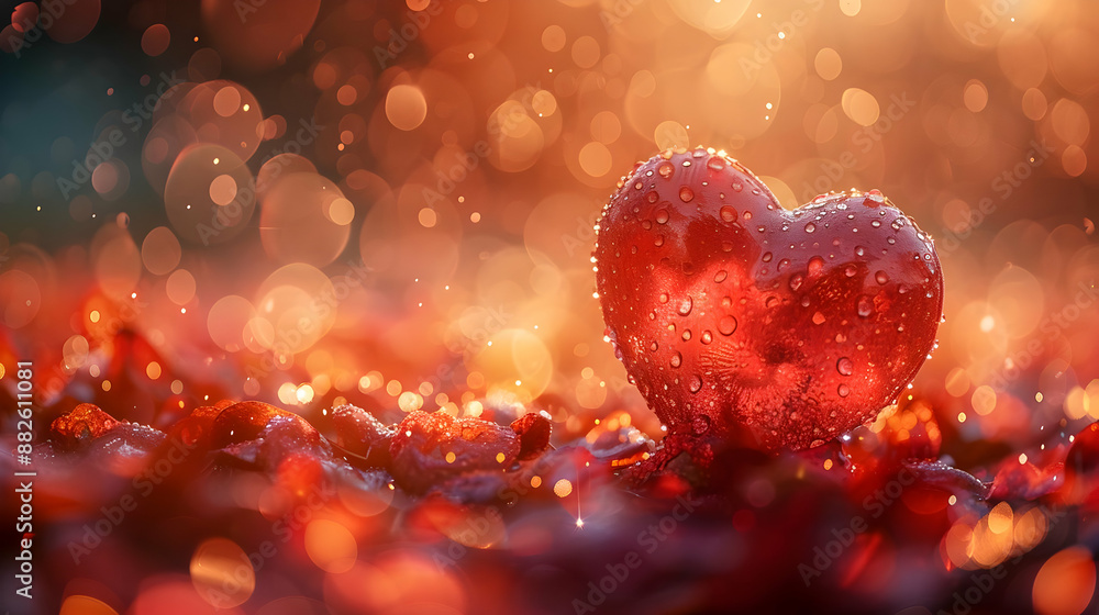Red Heart with Dew Drops on Rose Petals - Romantic Illustration Red Heart with Dew Drops on Rose Petals - Romantic Illustration