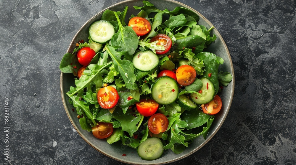 Overhead shot of a vibrant mixed green salad with arugula, spinach, and kale, topped with cherry tomatoes, cucumber slices, and a light vinaigrette, natural light highlighting the fresh textures and Overhead shot of a vibrant mixed green salad with arugula, spinach, and kale, topped with cherry tomatoes, cucumber slices, and a light vinaigrette, natural light highlighting the fresh textures and