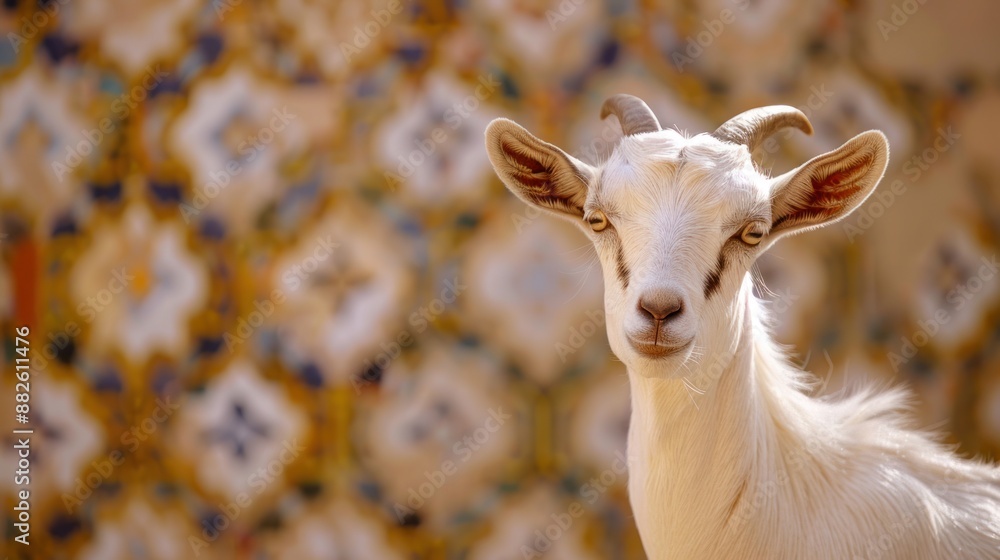 White Goat Portrait Against a Tile Background White Goat Portrait Against a Tile Background