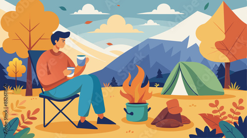 young man camper drinking tea at chair. Autumn landscape, bonfire, camping flat vector illustration. Adventure tourism, outdoor travel, hiking concept banner, website design or landing web page