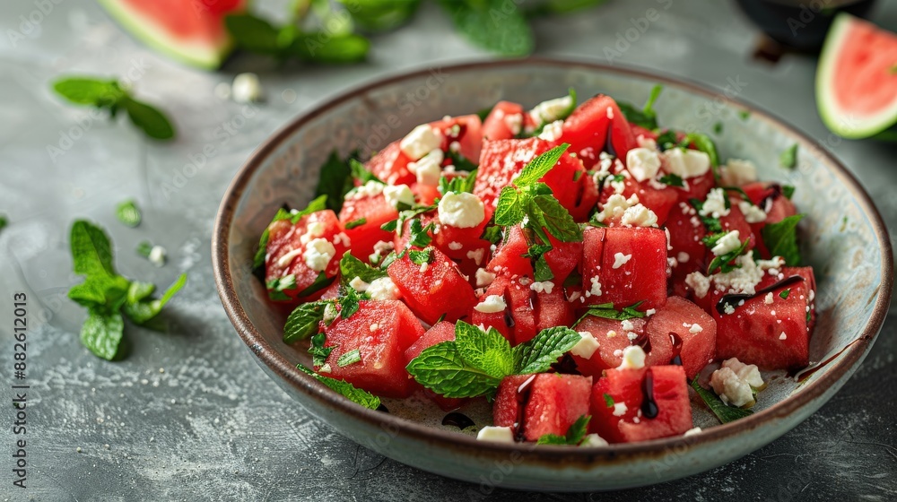 Overhead shot of a refreshing watermelon feta salad with cubes of watermelon, crumbled feta cheese, mint leaves, and a drizzle of balsamic reduction, natural light capturing the vibrant colors and Overhead shot of a refreshing watermelon feta salad with cubes of watermelon, crumbled feta cheese, mint leaves, and a drizzle of balsamic reduction, natural light capturing the vibrant colors and