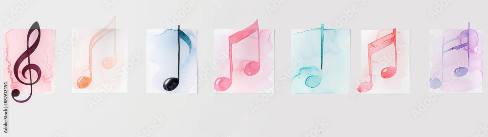 Colorful music note symbols of different color pinned on corkboard ...