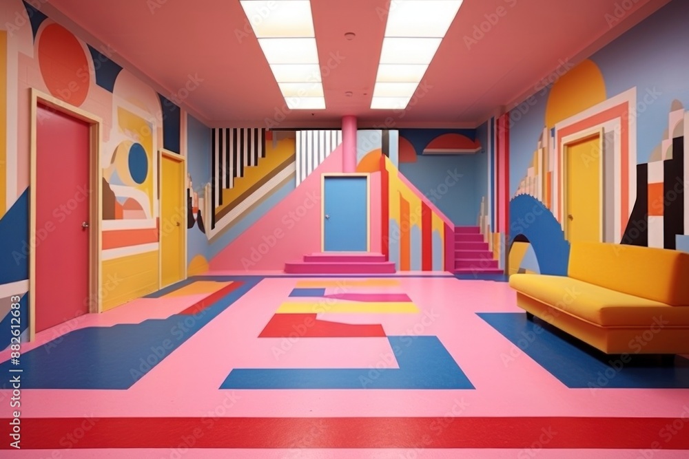 Fototapeta premium Memphis design of empty room architecture furniture building.