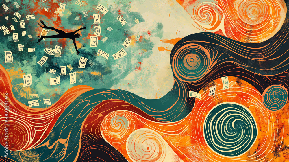 A painting of a man falling into a river of money A painting of a man falling into a river of money