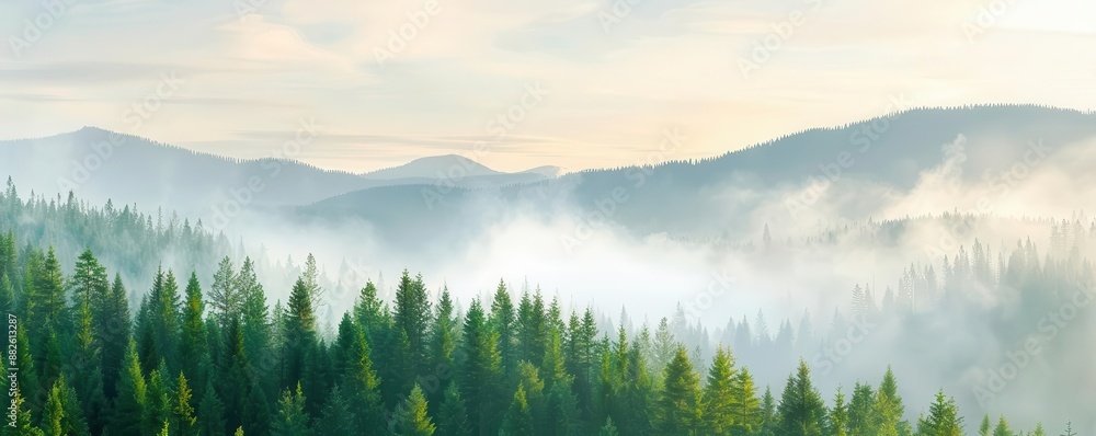 Fototapeta premium Misty morning landscape with evergreen forest and distant mountains.