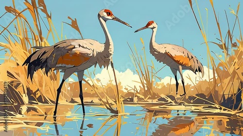 Wildlife Animation. Graceful Sandhill Cranes Standing in Marsh. Reflections in Water, Tall Reeds Surrounding Them. Discover the Elegance of the Graceful Sandhill Crane in This Dynamic Video. photo