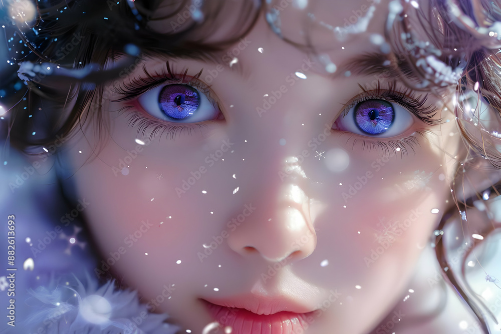 Close-Up of a Girl's Face with Blue Eyes in the Snow Illustration Close-Up of a Girl's Face with Blue Eyes in the Snow Illustration
