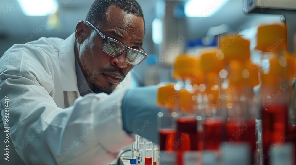 A man in a lab coat is looking at a table full of bottles A man in a lab coat is looking at a table full of bottles