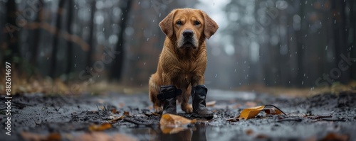 Cute dog wearing boots sits on a muddy forest path in the rain. The background is wet and misty with fallen leaves around.