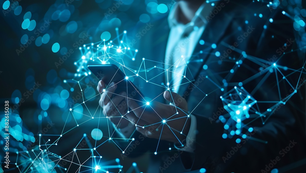Businessman using smartphone with glowing network connections Businessman using smartphone with glowing network connections