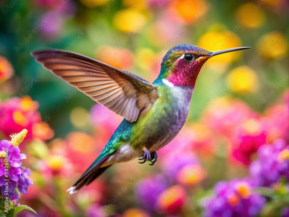 Fototapeta premium Vibrant hummingbird hovers in mid-air, iridescent feathers glimmering, amidst colorful blooms, as warm sunlight dances across delicate petals in a serene, idyllic garden setting.