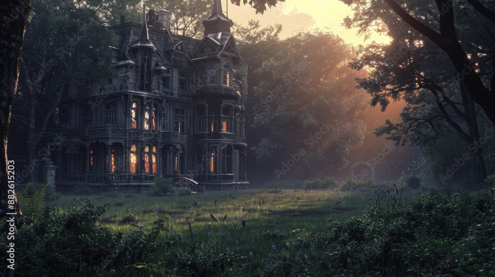Ghostly Morning Glow: Haunted Mansion with Eerie Light and Cracked Windows Ghostly Morning Glow: Haunted Mansion with Eerie Light and Cracked Windows