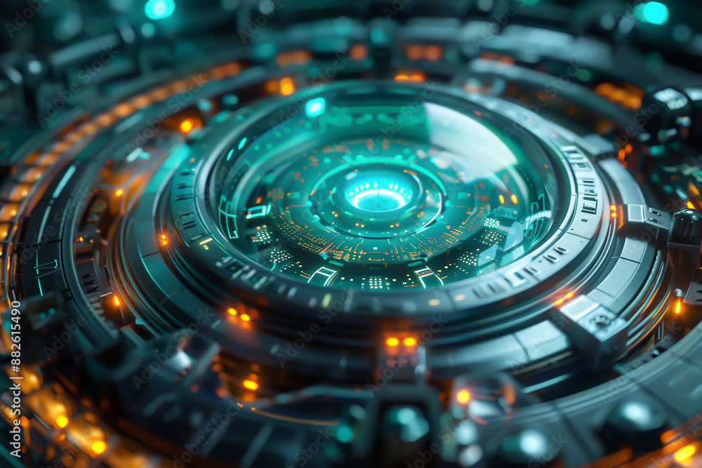 Futuristic nuclear reactor with glowing core, hightech facility, blue and green hues, scifi, 3D rendering Futuristic nuclear reactor with glowing core, hightech facility, blue and green hues, scifi, 3D rendering