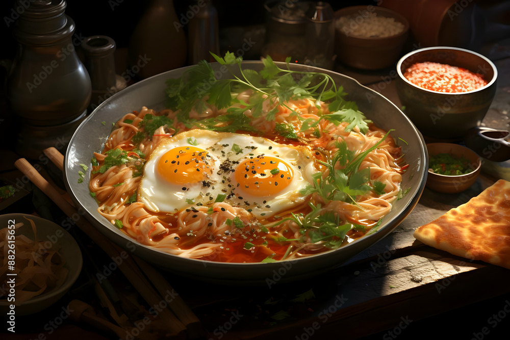 Spicy Noodle Soup with Two Fried Eggs Illustration Spicy Noodle Soup with Two Fried Eggs Illustration