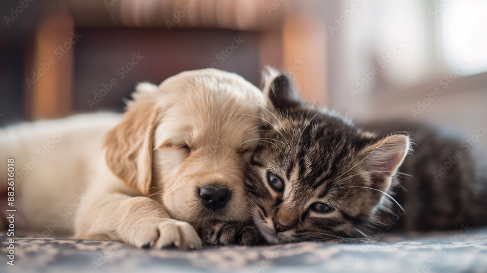 custom made wallpaper toronto digitalAn adorable puppy and kitten lying together in a loving embrace, showing the bond and companionship between pets