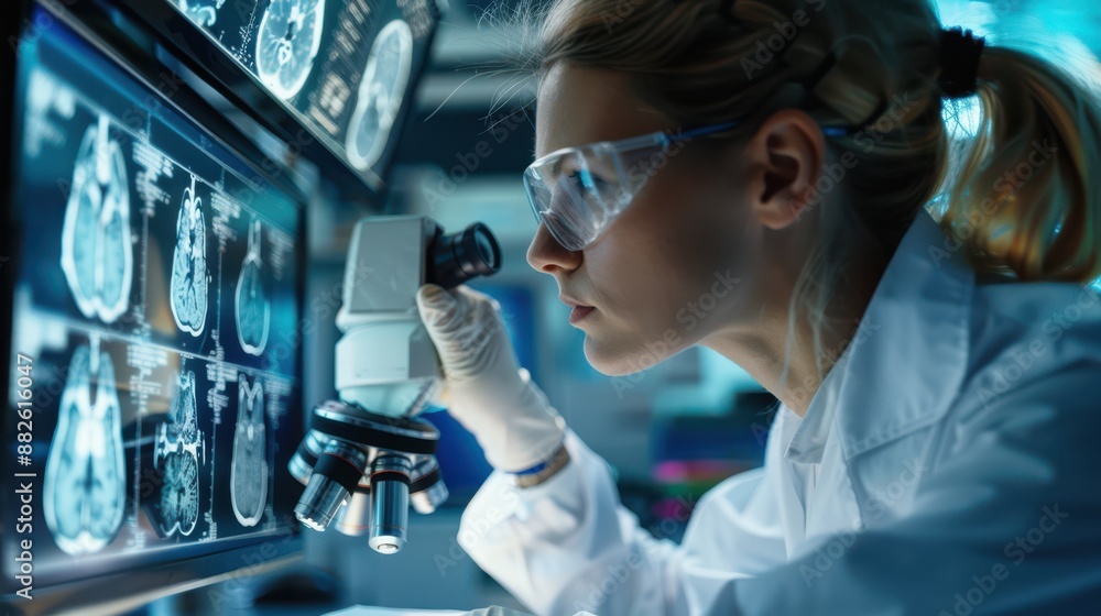 She is wearing safety goggles and gloves, and she is focused on the images