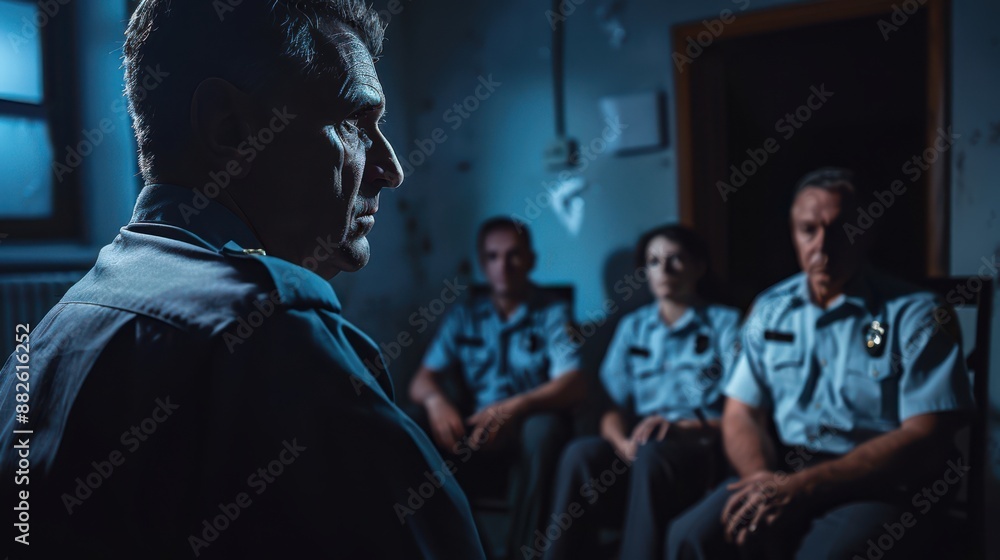A man is sitting in a room with three other men A man is sitting in a room with three other men