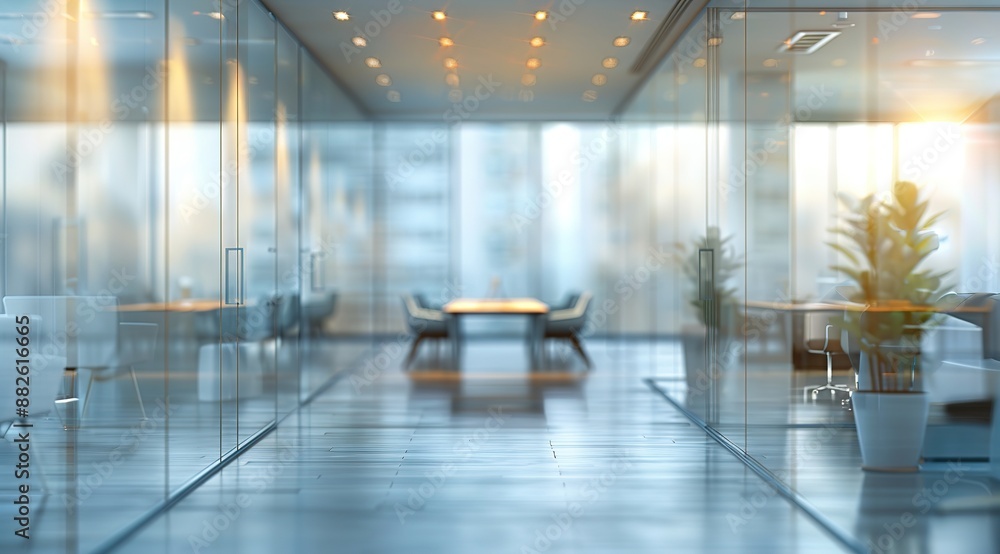 A blurred office interior with glass walls, featuring green plants in the foreground and softly blurred desks and chairs in the background. Sunlight streams through the window, creating a warm. A blurred office interior with glass walls, featuring green plants in the foreground and softly blurred desks and chairs in the background. Sunlight streams through the window, creating a warm.