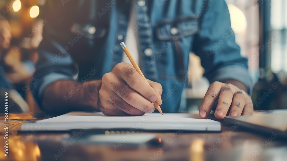 Hand Holding Pen Writing in Notebook on Desk in Office Workspace Hand Holding Pen Writing in Notebook on Desk in Office Workspace