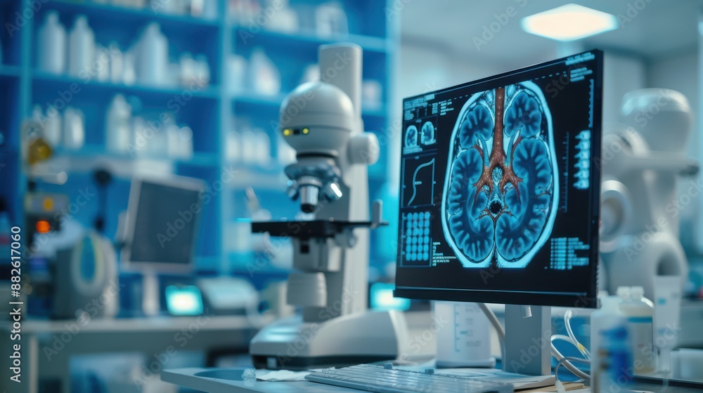 A computer monitor displays a brain scan A computer monitor displays a brain scan