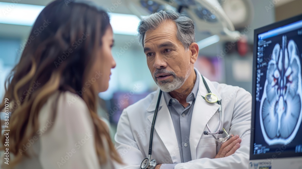 A man and a woman are looking at a CT scan of a woman's head A man and a woman are looking at a CT scan of a woman's head