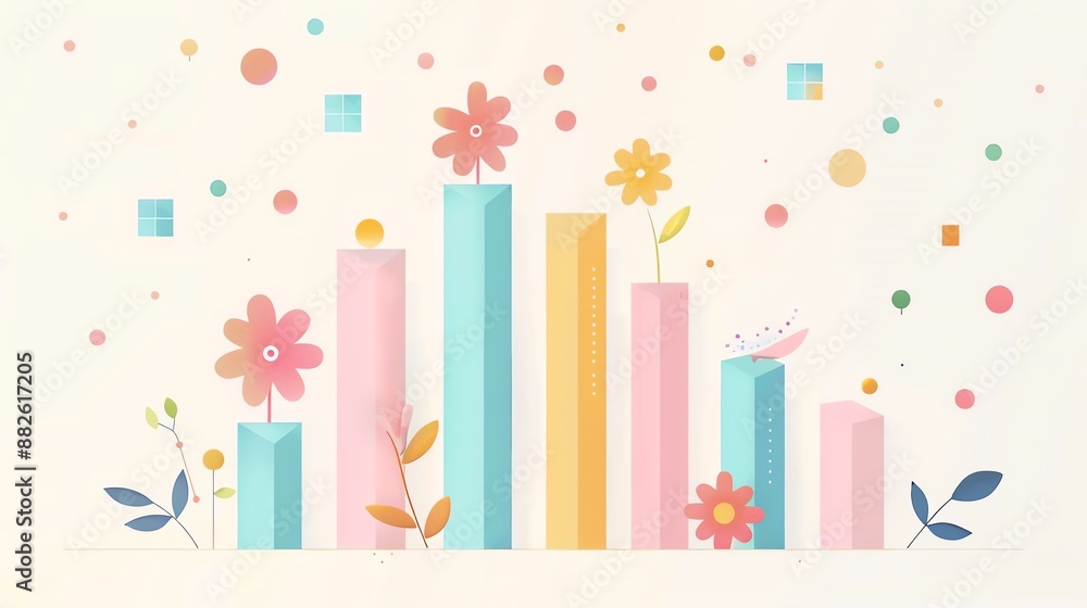 Colorful abstract bar chart illustration with flowers and geometric shapes, perfect for data visualization and creative projects. Colorful abstract bar chart illustration with flowers and geometric shapes, perfect for data visualization and creative projects.