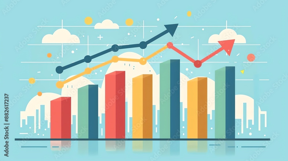 Fototapeta premium Colorful graph with bar and line charts representing data analysis, growth trends, and business progress illustration.