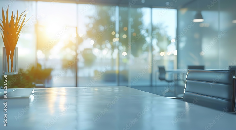Blurred modern office interior featuring a white table set up for product presentation in the background, with a spacious open-concept workspace highlighted by panoramic windows. Blurred modern office interior featuring a white table set up for product presentation in the background, with a spacious open-concept workspace highlighted by panoramic windows.