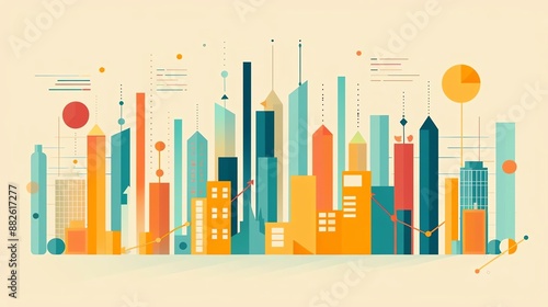 Abstract illustration of a colorful city skyline with various geometric shapes and modern design elements, perfect for urban-themed projects.