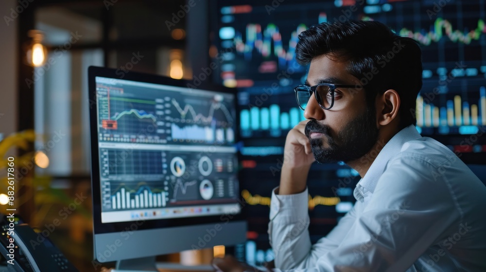 Financial securities traders, both male and female, working on desktop computers in a modern office. Handsome Indian accountant smiling happily while doing business financial accounting Financial securities traders, both male and female, working on desktop computers in a modern office. Handsome Indian accountant smiling happily while doing business financial accounting