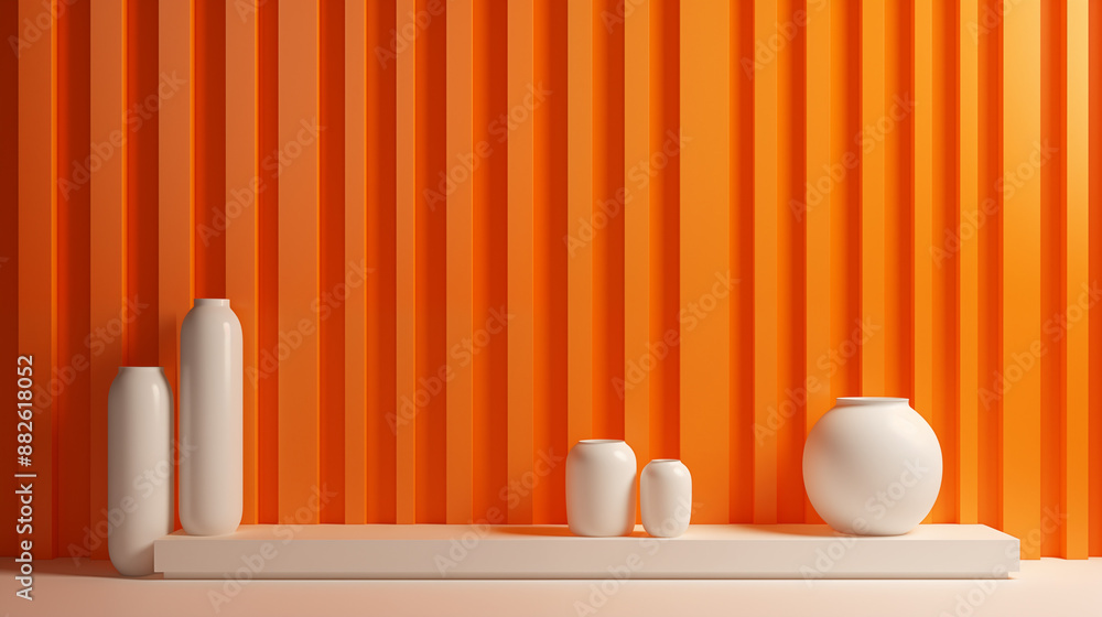3D interior scene and abstract vase with line background in the minimal style and orange color background and sunlight 3D interior scene and abstract vase with line background in the minimal style and orange color background and sunlight