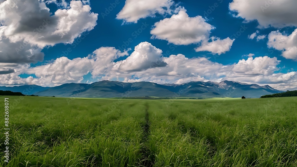 Panoramic Natural Landscape with Green Grass Field, Blue Sky, Clouds, and Mountains in the Background Panoramic Natural Landscape with Green Grass Field, Blue Sky, Clouds, and Mountains in the Background