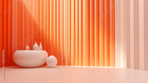 3D interior scene and abstract vase with line background in the minimal style and orange color background and sunlight