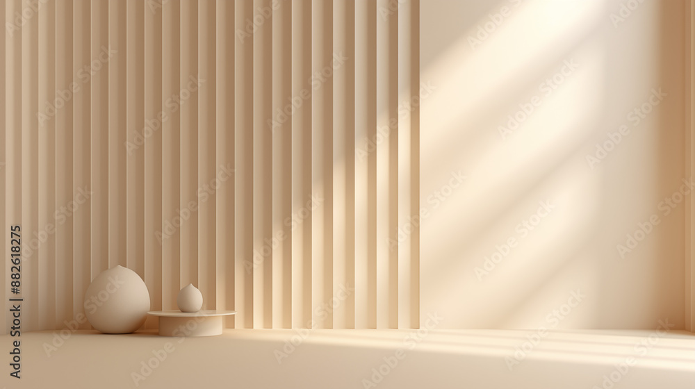 3d interior scene and abstract vase and line background with sunlight and beige color background 3d interior scene and abstract vase and line background with sunlight and beige color background