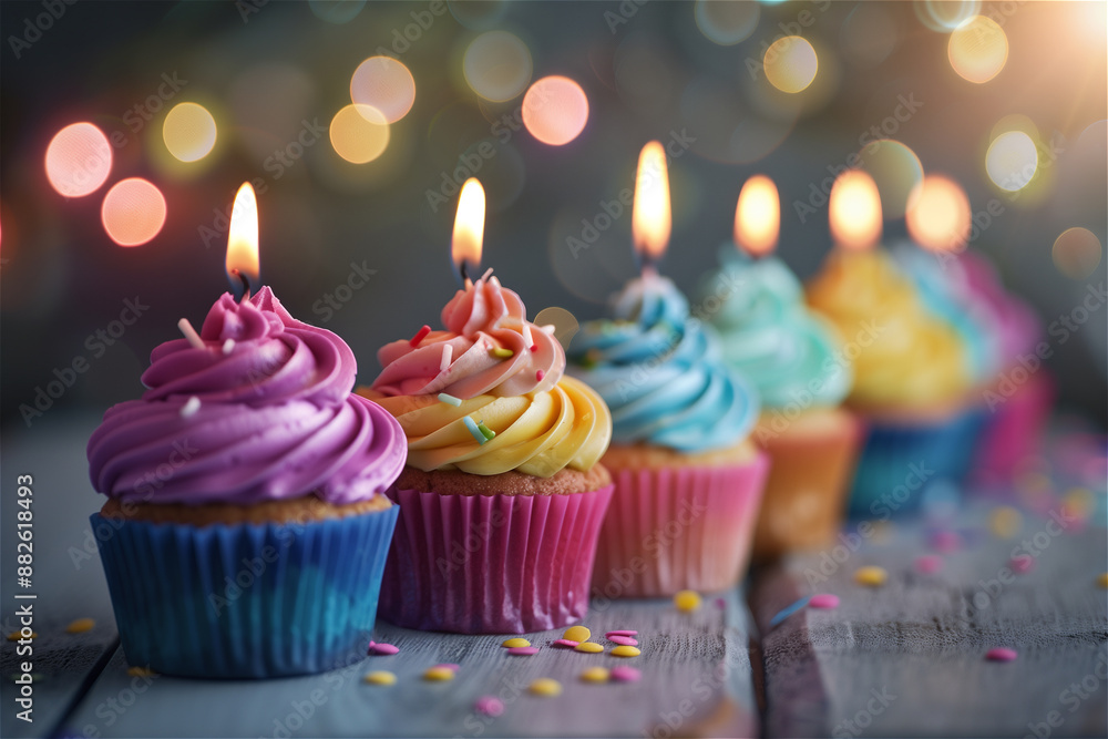 Colorful cupcakes with sparklers and hearts of lights, colorful lights Colorful cupcakes with sparklers and hearts of lights, colorful lights