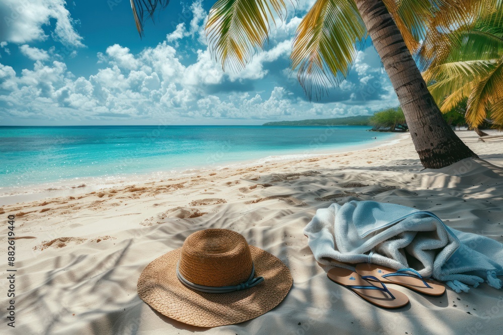 A beach scene with a straw hat and a white blanket on the sand A beach scene with a straw hat and a white blanket on the sand
