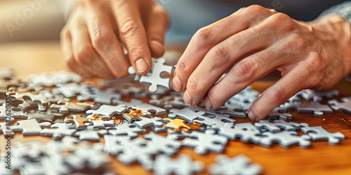 close up of hands placing puzzle pieces together, generative AI