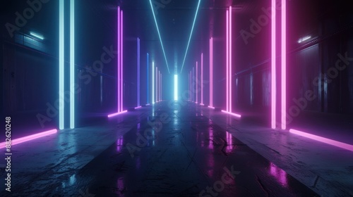 Neon Lights Illuminate a Glowing Corridor