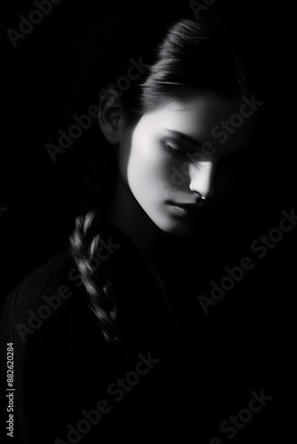 Serene young woman with braided hair - Minimalist black and white portrait, introspective expression