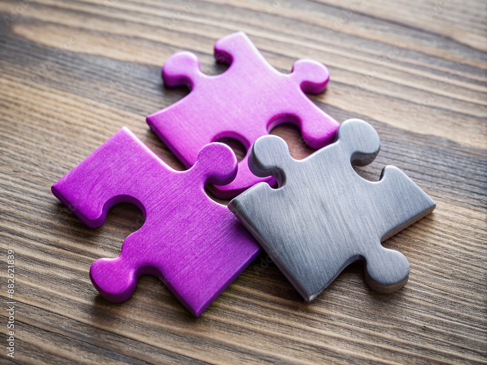 Fototapeta premium Three vibrant puzzle pieces in purple, pink, and grey hues sit perfectly aligned on a clean desk, symbolizing harmony and cohesion in creative problem-solving.