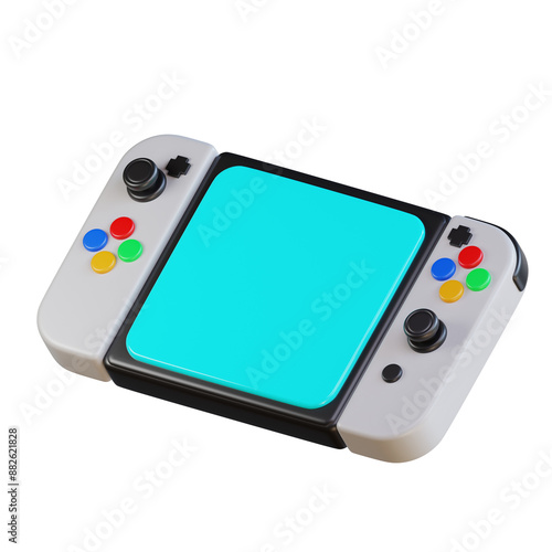 3d White Nintendo Switch gaming console with blue screen and colorful buttons. Ideal for gamingrelated designs, technology concepts, and entertainment themes.