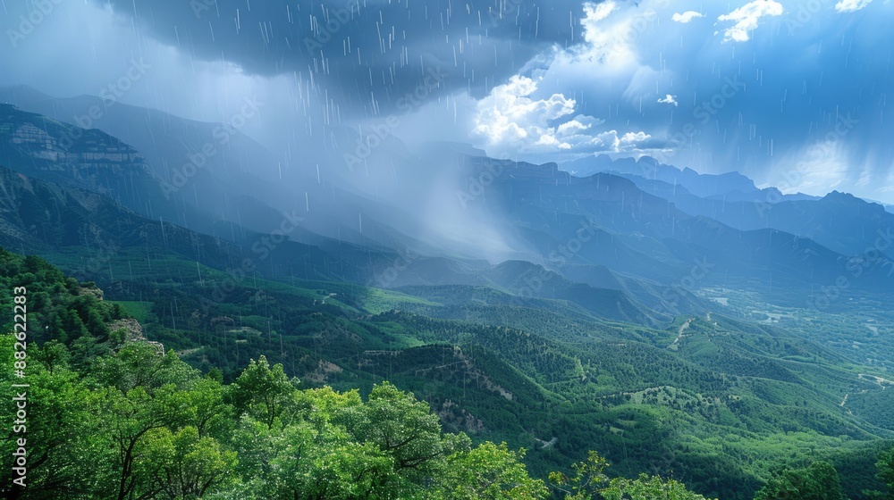 Obraz premium The sky is cloudy and the mountains are covered in trees