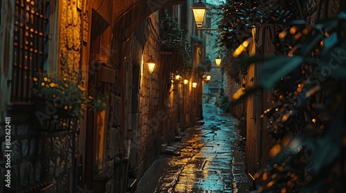 Fototapeta Naklejka Na Ścianę i Meble -  A narrow alleyway with a wet cobblestone path and street lamps