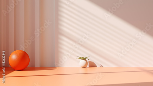 abstract 3d interior scene orange ball with white background color and sunlight. photo