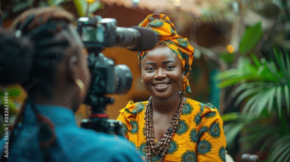 Obraz premium A woman wearing a colorful head wrap is smiling for the camera