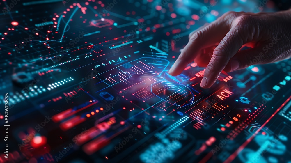 Futuristic interface with a persons hand touching a glowing blue circuit board Futuristic interface with a persons hand touching a glowing blue circuit board