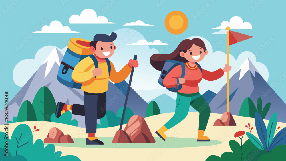 Travelling Couple with Backpacks, Man and Woman Cartoon Characters Climbing Rock. Mountaineering, Trekking and Hiking. Outdoor Recreation, Adventures in Nature, Vacation. Travelling Couple with Backpacks, Man and Woman Cartoon Characters Climbing Rock. Mountaineering, Trekking and Hiking. Outdoor Recreation, Adventures in Nature, Vacation.
