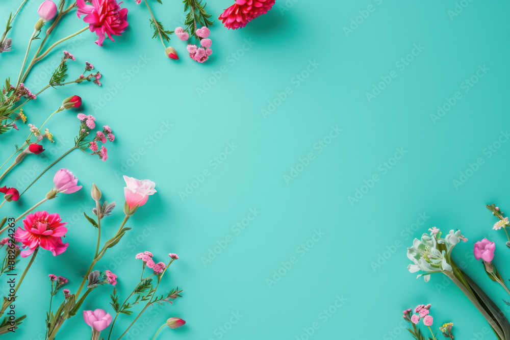 The image shows a variety of colorful flowers arranged on a blue background. The image shows a variety of colorful flowers arranged on a blue background.