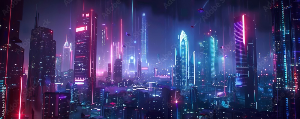 Futuristic neon cityscape with glowing skyscrapers and vibrant colors, depicting a night-time urban environment in a sci-fi setting. Futuristic neon cityscape with glowing skyscrapers and vibrant colors, depicting a night-time urban environment in a sci-fi setting.