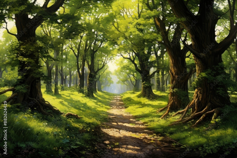 Fototapeta premium Lively forest few trees landscape sunlight outdoors.